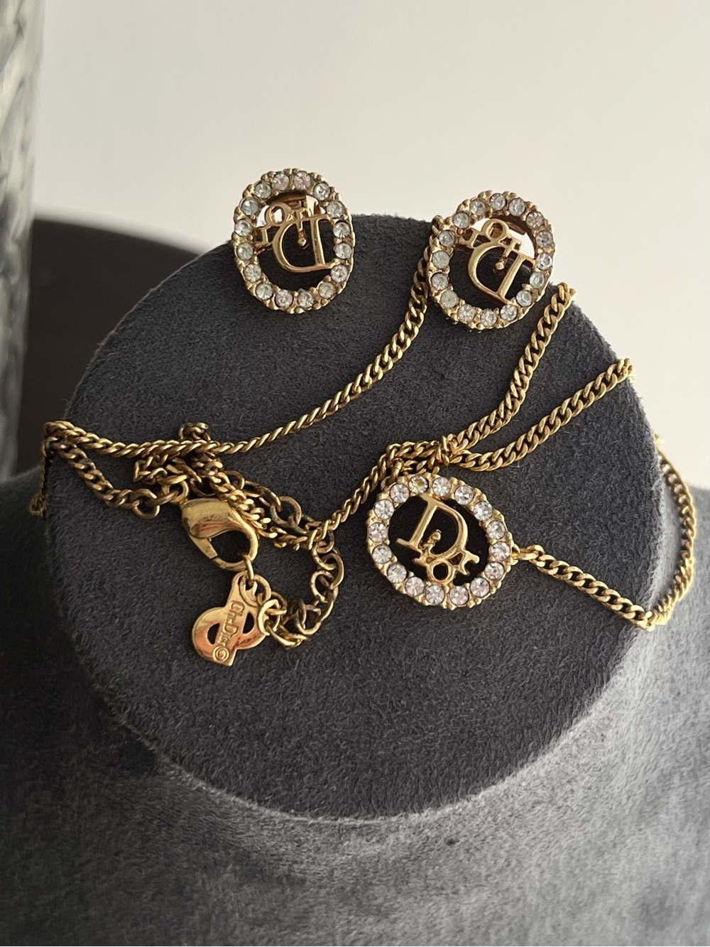 Authentic Vintage Dior Classic Logo Monogram Stone Clip Earrings & Necklace Set